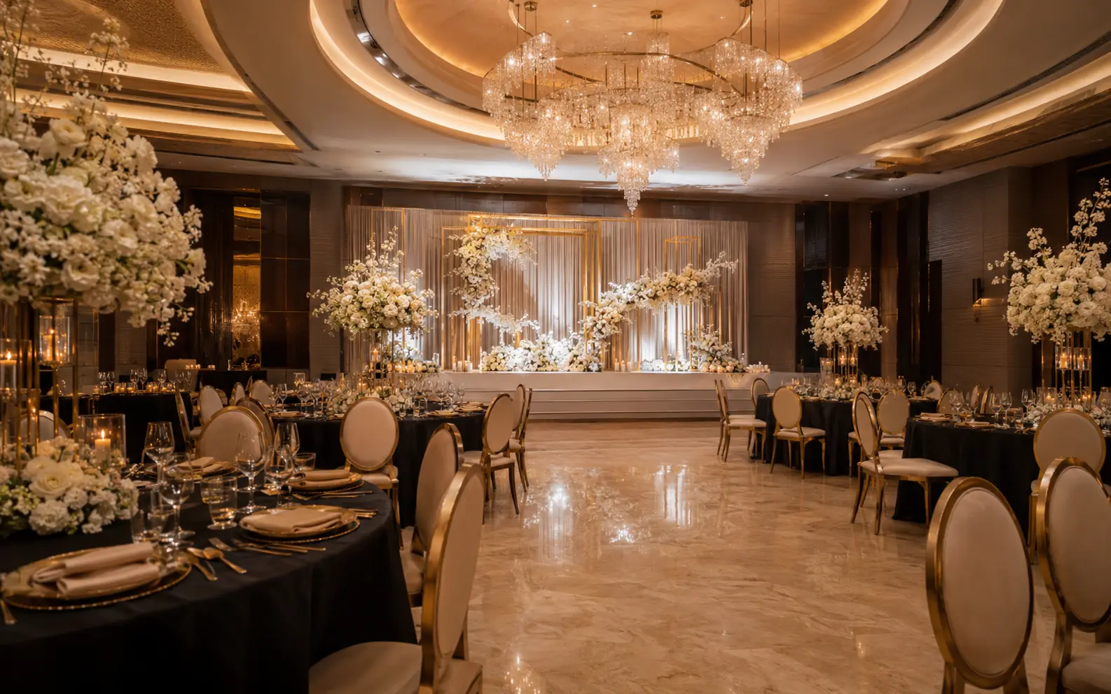 Premium black gold and ivory indoor ballroom reception