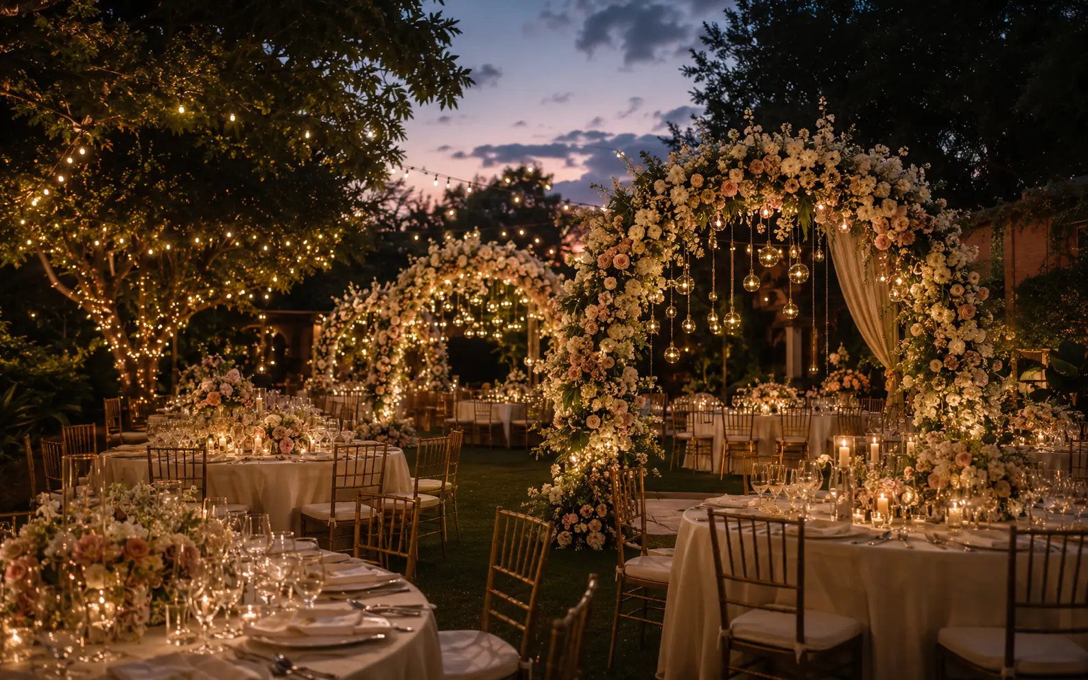 Luxury outdoor garden wedding reception with ivory florals and warm lights
