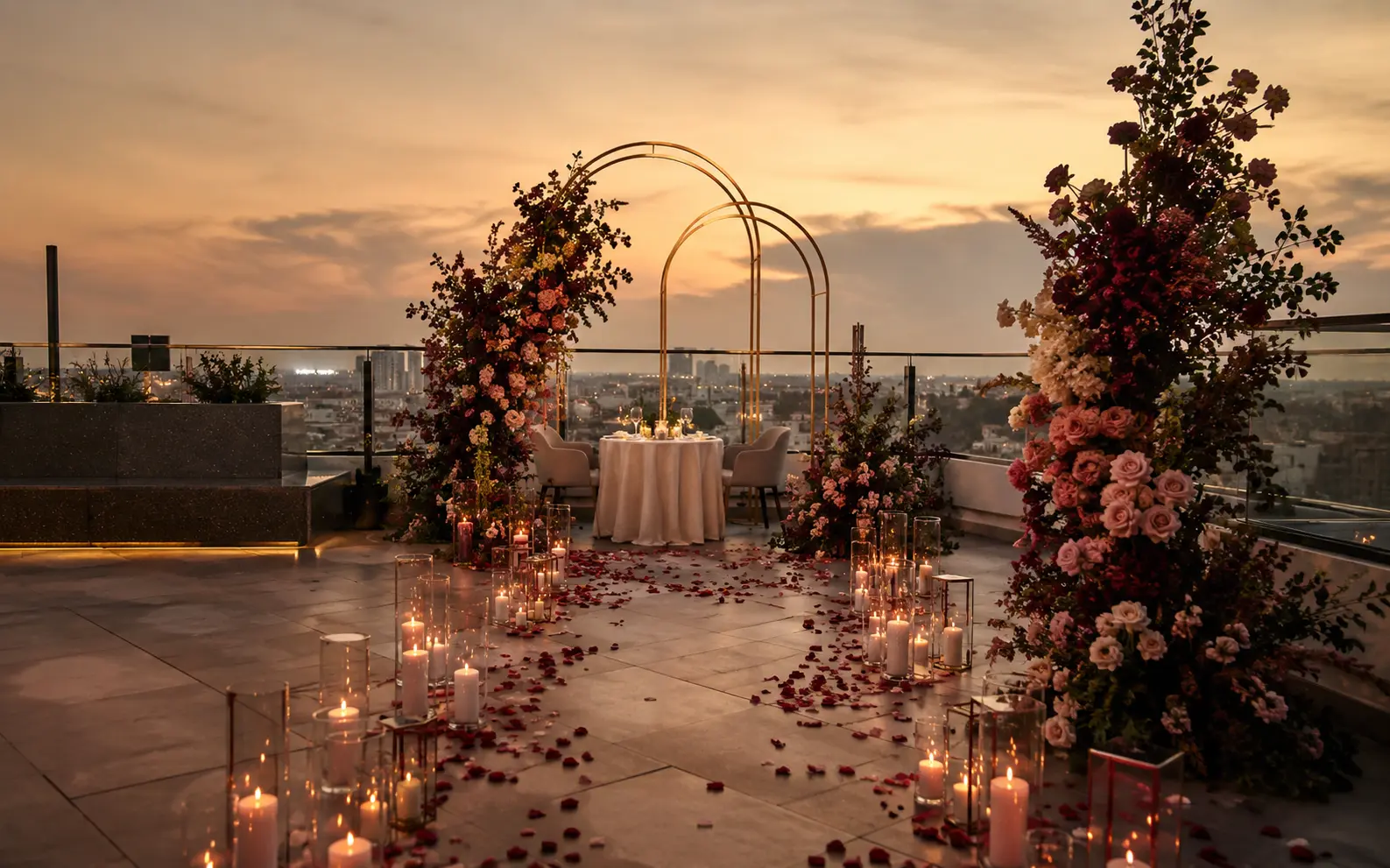 Romantic rooftop proposal at sunset with candles and burgundy flowers