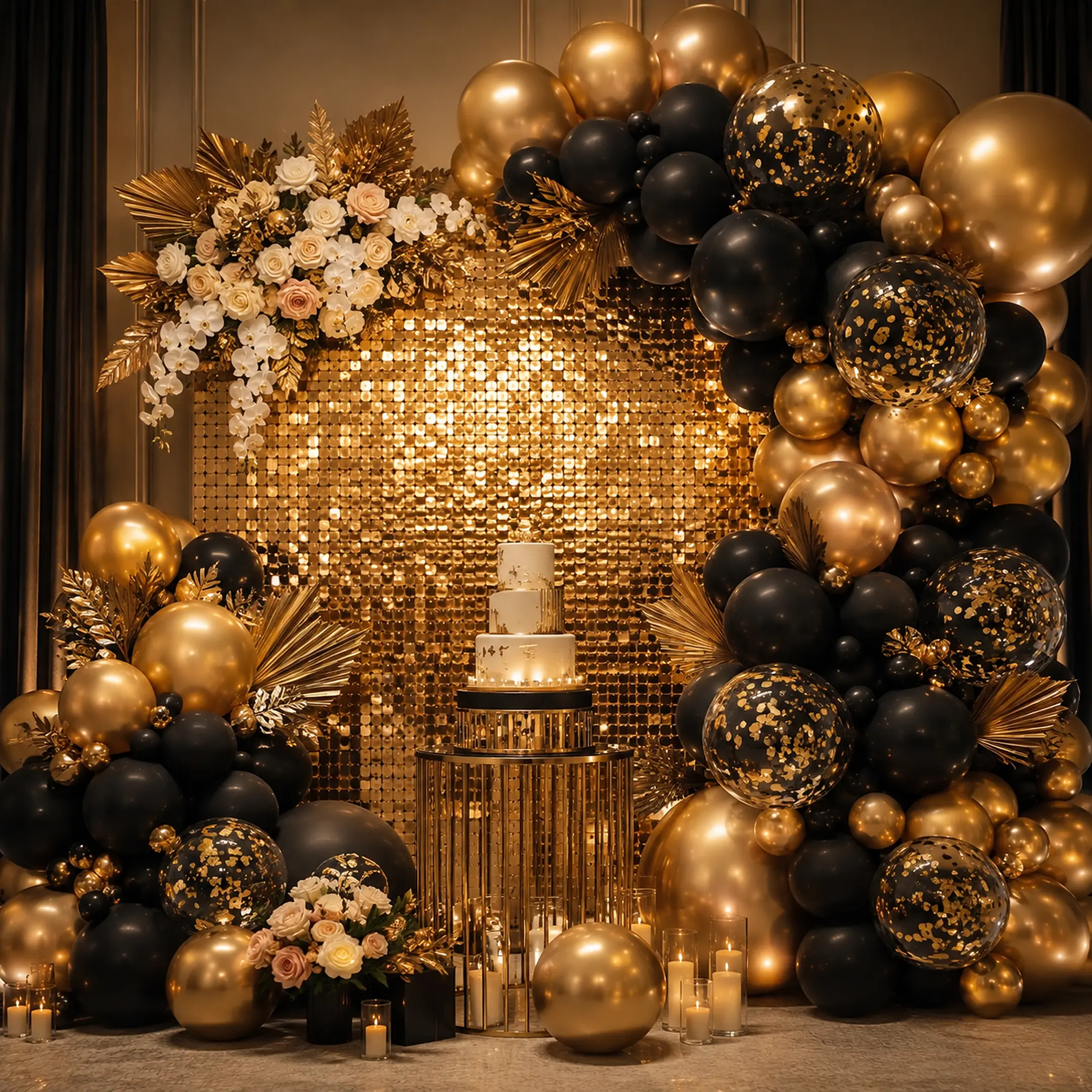 Luxury black and champagne-gold celebration decoration by Aura Events